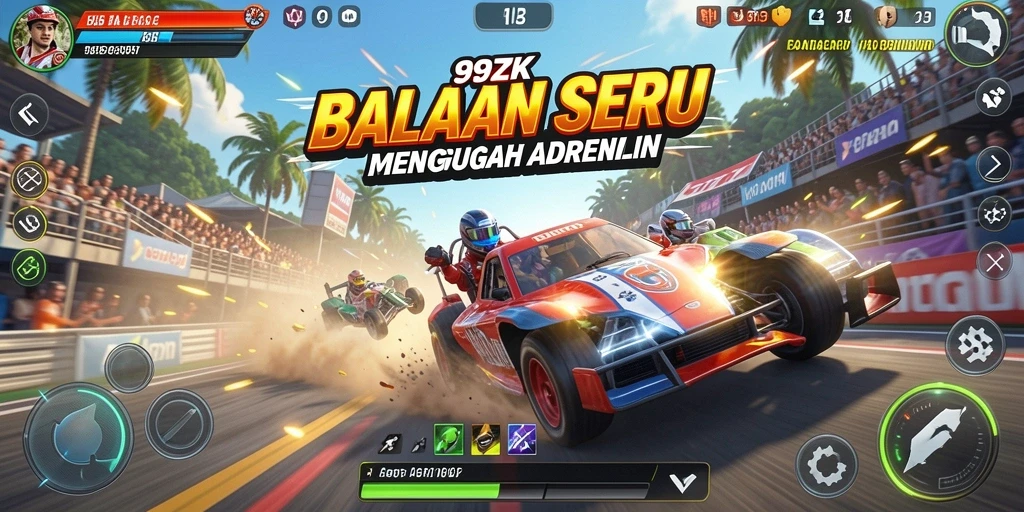 Tampilan utama gameplay 99ZK dengan kendaraan balap berkecepatan tinggi.
