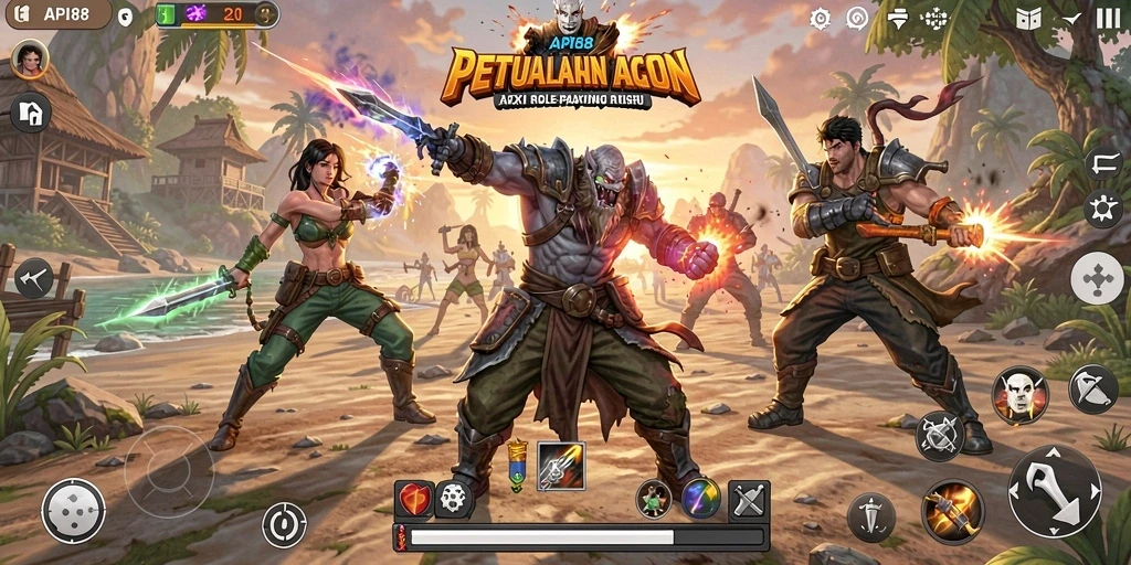 Tampilan gameplay seru dengan aksi pertarungan karakter di dunia fantastis.