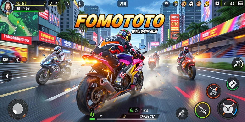 Screenshot gameplay FOMOTOTO menampilkan aksi balap motor yang mendebarkan.