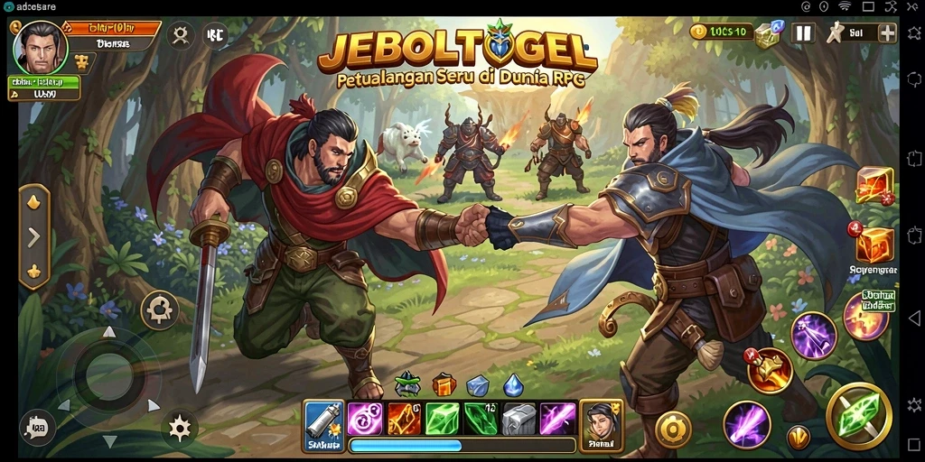 Screenshot gameplay JEBOLTOGEL menampilkan aksi pertarungan epik RPG.