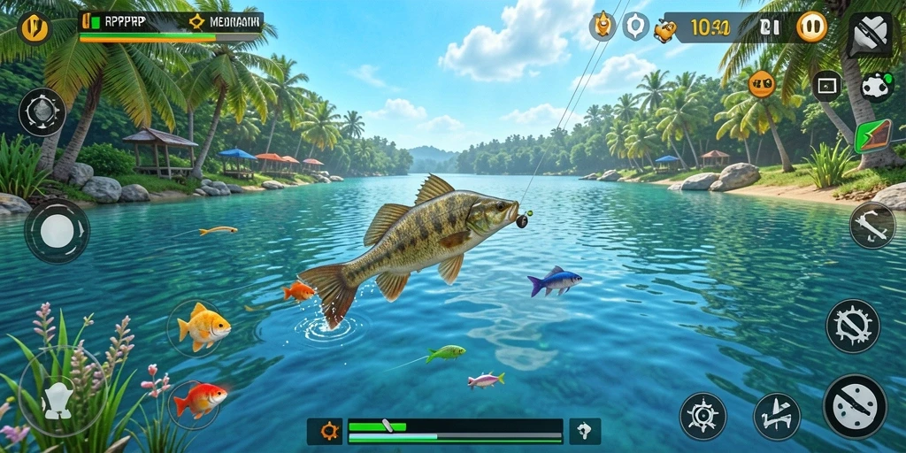 Tampilan gameplay RPRPRP yang menarik saat memancing ikan.